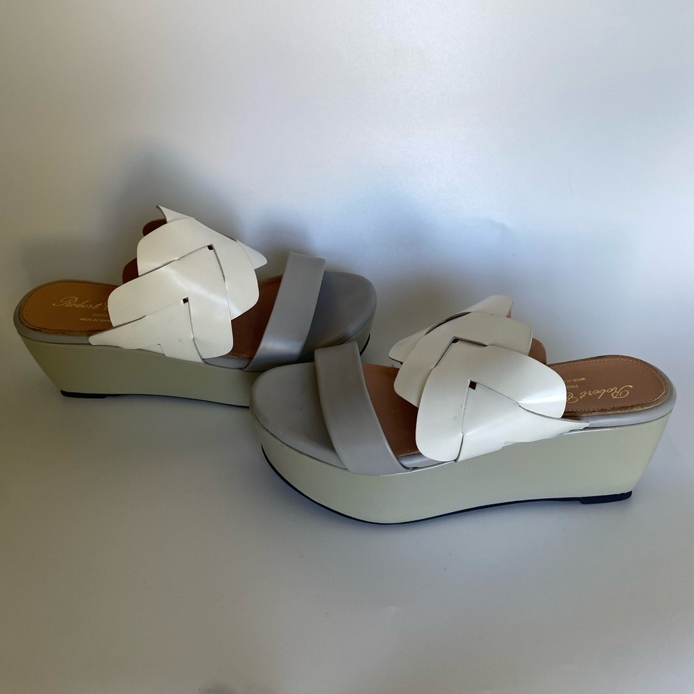 Robert Clergerie wedges.  Gray and White with over foot braided leather. - Picture 2 of 6